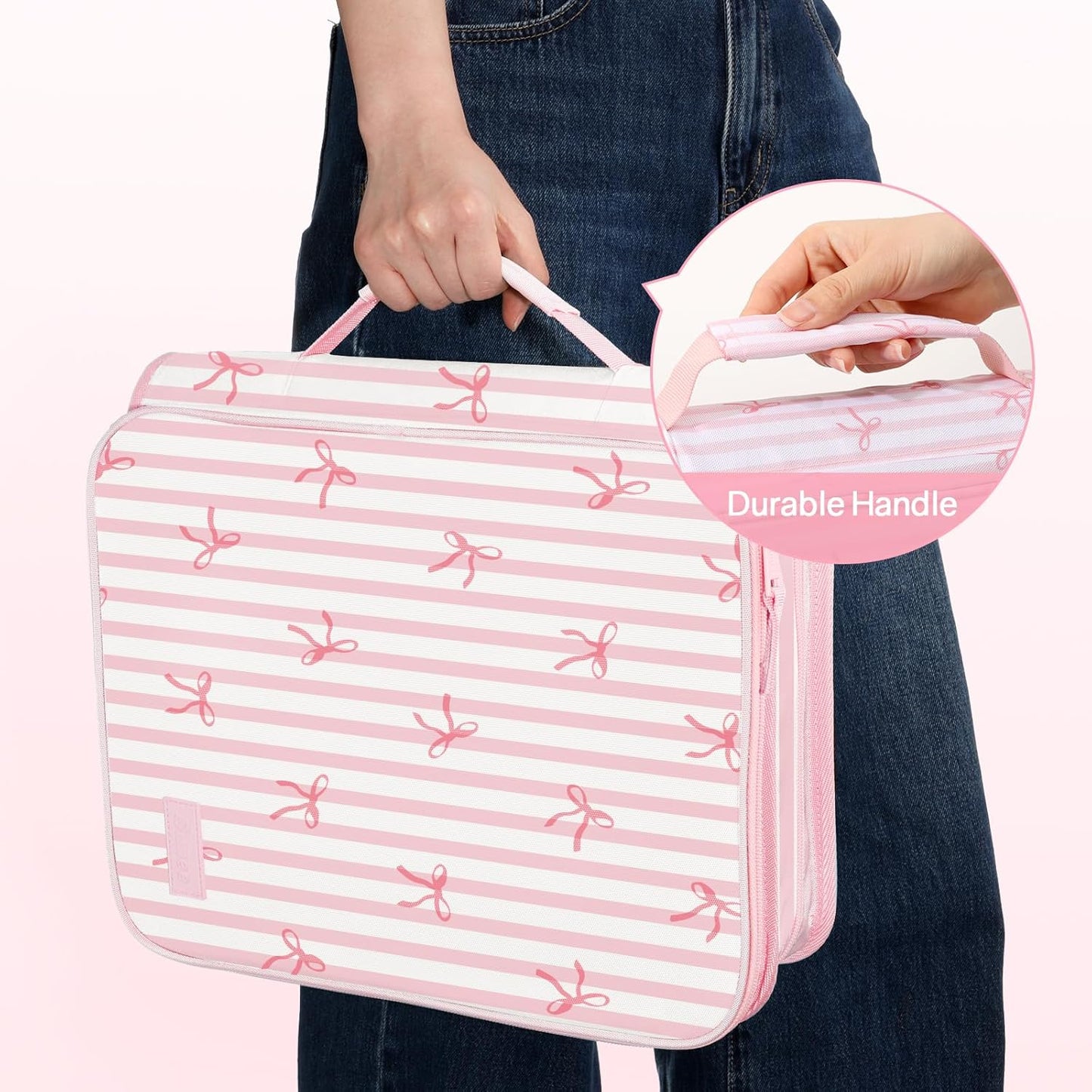 SUNEE Zippered Binder Bag with Handle, 2-Inch 3-Ring O-Ring, 500-Sheet Capacity, Includes Zip Pocket, 5-Tab Expanding File Folder, Multi-Pocket Organizer Binder for Middle School, Pink Bow