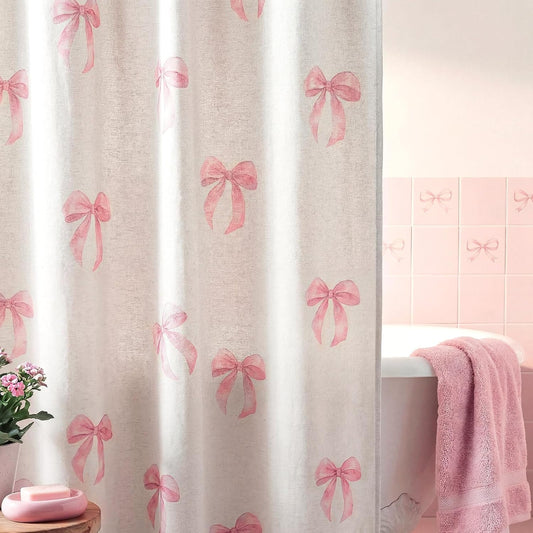 Tegeme Pink Bow Linen Shower Curtain Cute Linen Cottagecore Shower Curtain with Hooks Vintage Aesthetic Bathroom Decor for Preppy Boho Rustic French Country Summer Housewarming Gift 72 x 72 Inch