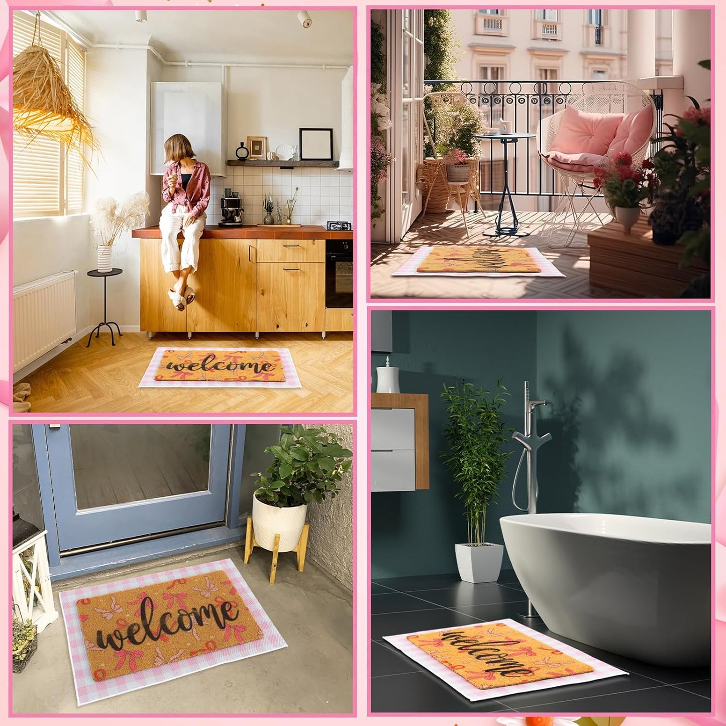 Tinideya 2 Pcs Pink Bow Welcome Doormat 23x35 in Layered Buffalo Plaid Carpet Coquette Non Slip Pink Bow Bathroom Mat Coir Mats Cute for Entrance Porch Indoor Outside Home Decor Gift Supplies