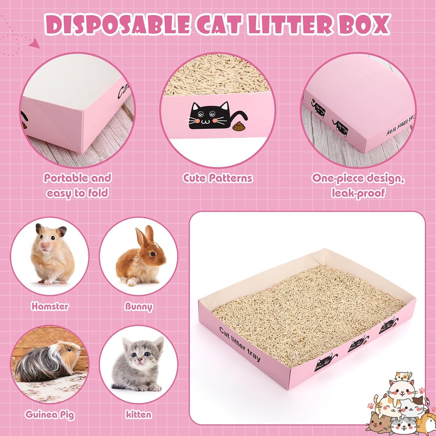 Amyhill 60 Pack Disposable Litter Boxes for Cats, 30 Foldable Travel Kitty Litter Boxes & 30 Scoops, Portable Waterproof Cardboard Cat Trays for Small Pets, 13.8 x 10 x 2inch Pink