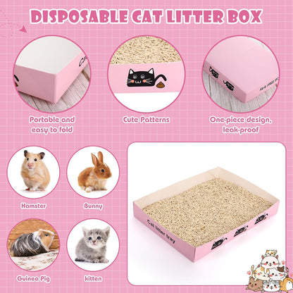 Amyhill 60 Pack Disposable Litter Boxes for Cats, 30 Foldable Travel Kitty Litter Boxes & 30 Scoops, Portable Waterproof Cardboard Cat Trays for Small Pets, 13.8 x 10 x 2inch Pink