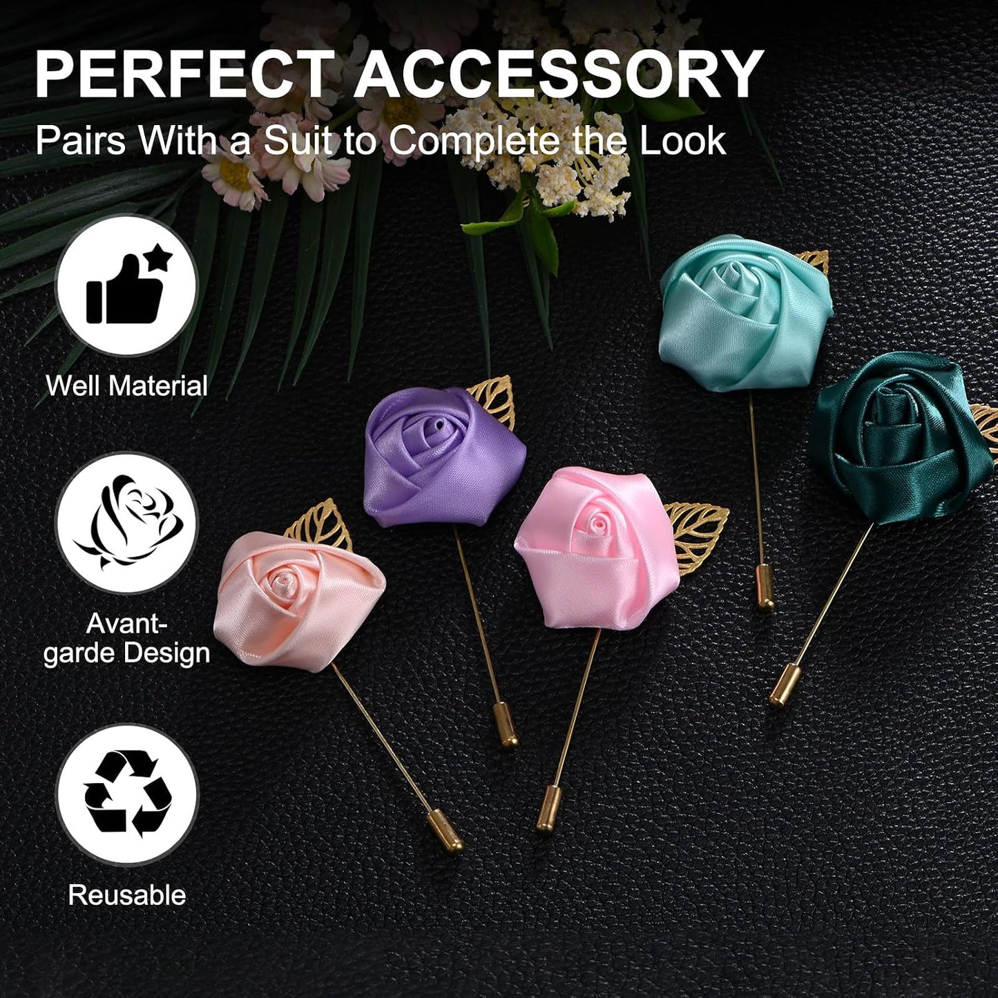 M METERXITY 12-Pack Flower Lapel Pins for Men, Golden Leaf Rose Boutonnieres Pin for Wedding/Dance/Party, Mens Lapel Pins for Suits Satin Flower Corsage Hat Pins [Pink]