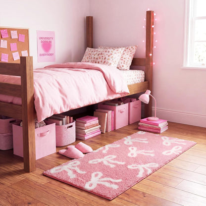 Tinideya Pink Bow Bathroom Rug 24 x 48 Inch Coquette Bath Mat Non Slip Absorbent Microfiber Floor Mat Machine Washable Cute Bow Rug for College Dorm Vanity Bedroom Bathroom Decor