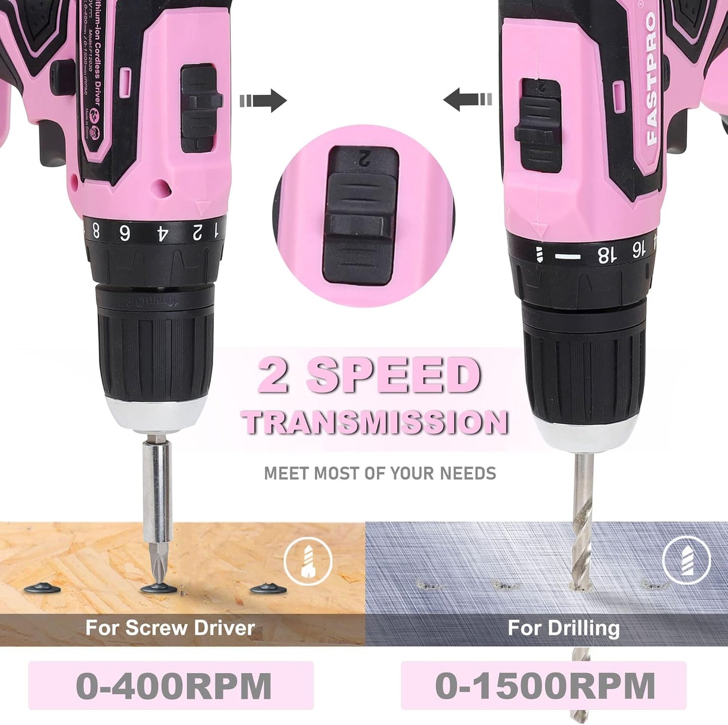 FASTPRO 232-Piece Pink Tool Set with Drill, 20V Cordless Drill Driver and Home Tool Set, Pink Drill Set for Women, Lady's Repairing Kit with 12-Inch Storage Bag, Pink