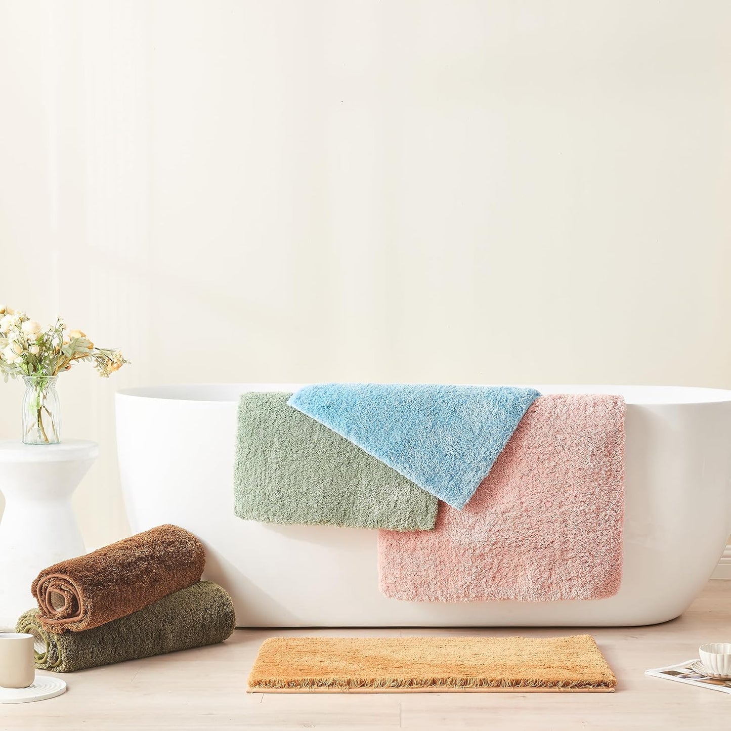 CozeCube Upgraded Shaggy Bath mat for Bathroom Non Slip 36" X 24", Super Soft Quick Dry Bath Rugs, Fluffy Plush Bathroom Rugs Machine Washable, Dusty Pink