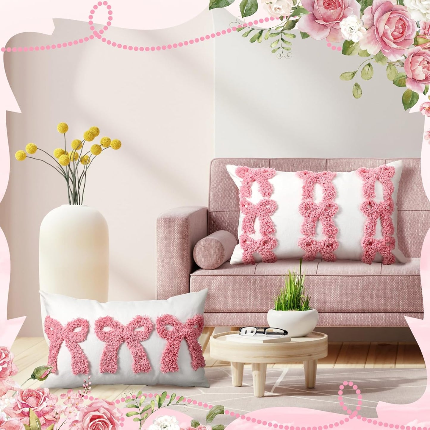 Cinnvoice Set of 2 Pink Bow Pillow Covers Coquette Room Decor Embroidered Pillow Case Aesthetic Soft Fluffy Plush Faux Pillowcase for Galentine Valentines Girly Preppy Room Sofa Couch(20 x 12 Inches)