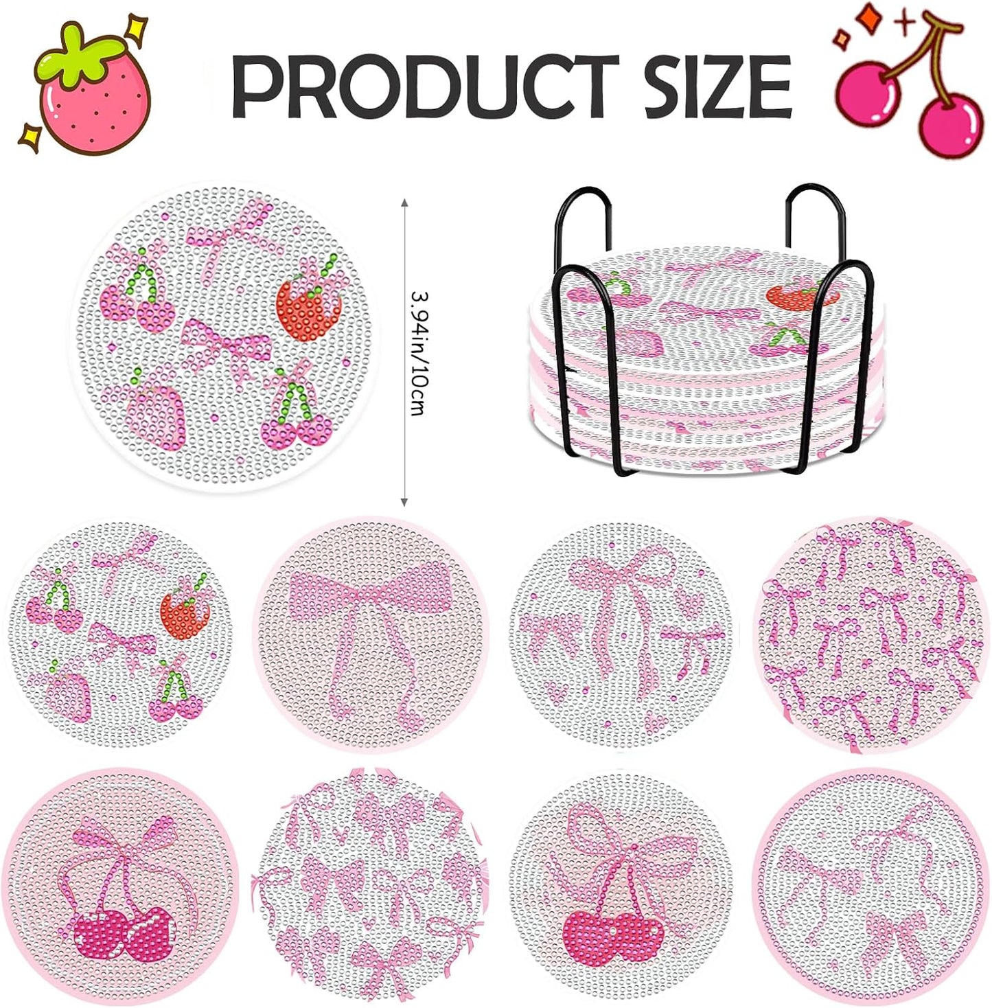 Pink Bow Diamond Art Coasters Kits - 8 PCS DIY Non Slip Diamond Painting Coasters with Holder Bowknot Cherry Strawberry Gem Art Craft Supplies for Adults Beginners Women Coquettee Home Table Decor