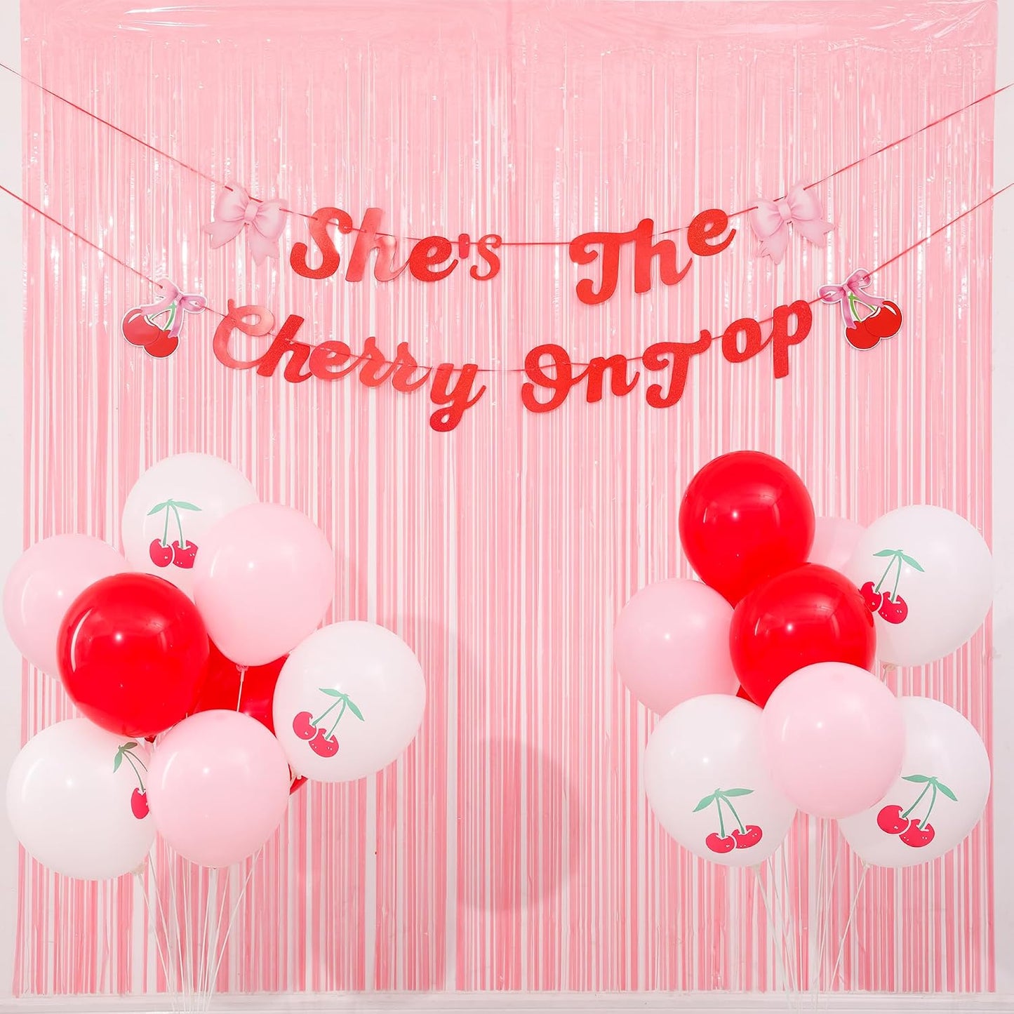 21pcs She's the Cherry on Top Baby Shower, She's the Cherry on Top Backdrop, Pink Birthday Party Decorations, Fringe Curtains with Bow Banner and Cherry Balloons, Girls Birthday Decoration