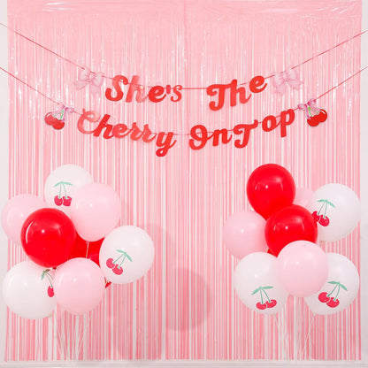 21pcs She's the Cherry on Top Baby Shower, She's the Cherry on Top Backdrop, Pink Birthday Party Decorations, Fringe Curtains with Bow Banner and Cherry Balloons, Girls Birthday Decoration