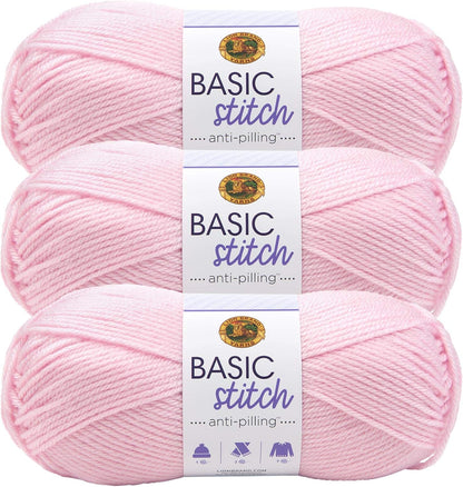 Lion Brand Yarn Basic Stitch Anti-Pilling Yarn for Crocheting, Knitting, and Crafts, Baby Pink, 3 Pack