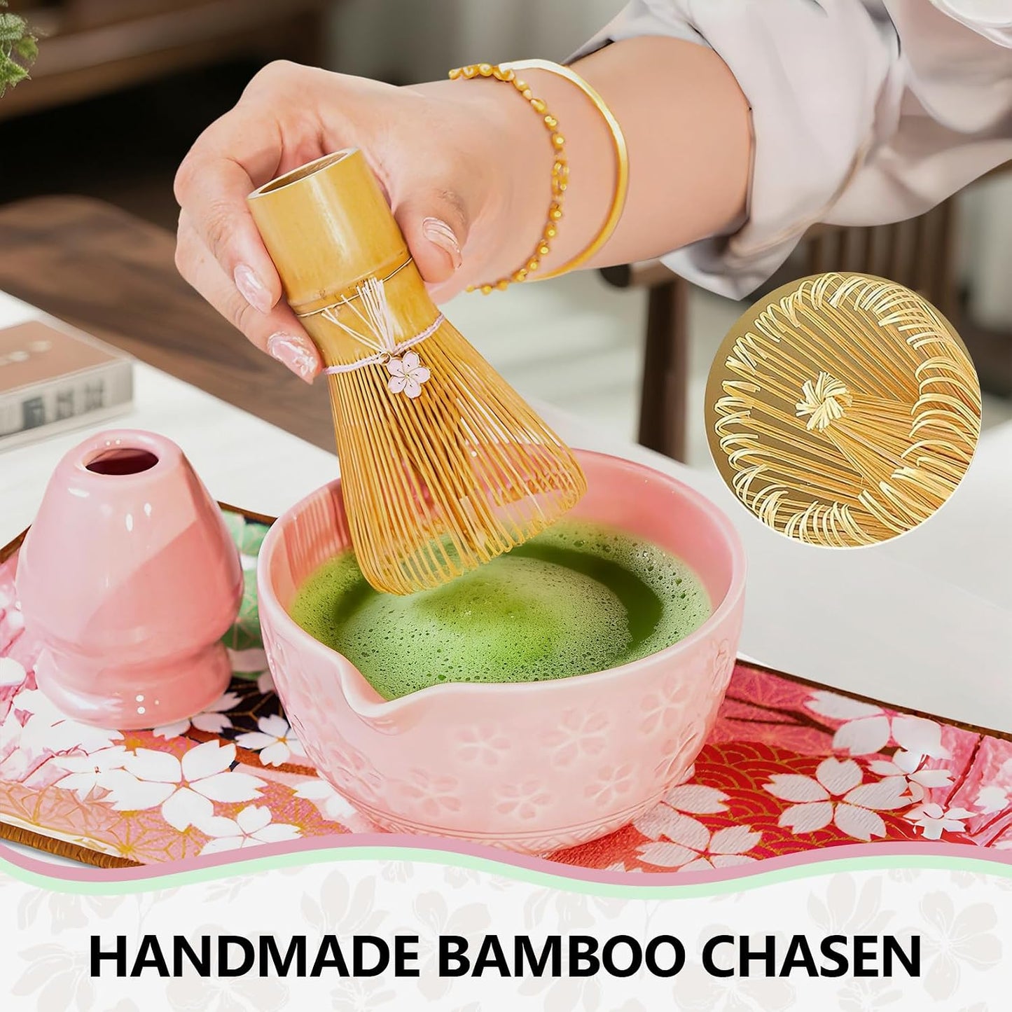 GarveeHome Japanese Matcha Tea Set – 8-Piece Chawan Ceremony Kit with Ceramic Spout Bowl, Wooden Whisk, Scoop, Sifter, Holder, Tea Towel – Great for Beginners & Enthusiasts – Pink, 24×17.5×10.5cm