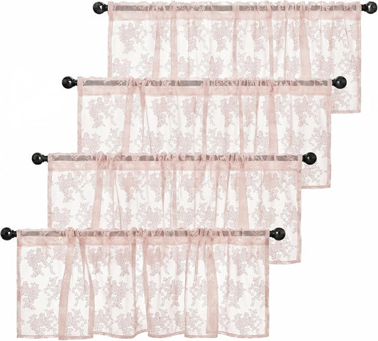 Emvency 4 Pack Valances for Windows, Pink Lace Romantic Elegant Light Filtering Semi Sheer Floral Drapes Curtain for Bedroom Living Room Kitchen Over Sink, 52x18 Inch Rod Pocket Valances