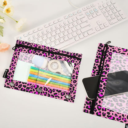 Pink Leopard Cheetah Pencil Pouch Fits Standard 3-Ring Binders, Zipper Binder Pencil Bag with Clear Window for Class Office 2 Pack