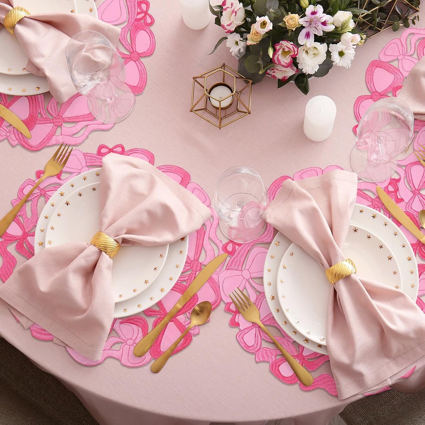 4 Pcs Pink Bow Placemats Coquette Embroidered Place Mats Pink Cotton Decorative Table Mats for Home Wedding Baby Shower Birthday Party Decor(Round Hollow)