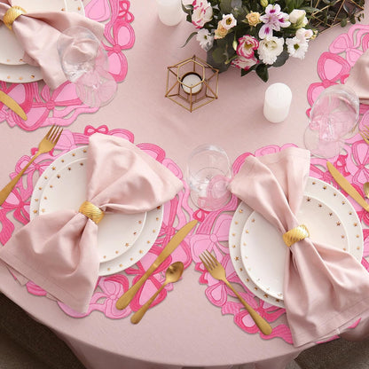 4 Pcs Pink Bow Placemats Coquette Embroidered Place Mats Pink Cotton Decorative Table Mats for Home Wedding Baby Shower Birthday Party Decor(Round Hollow)