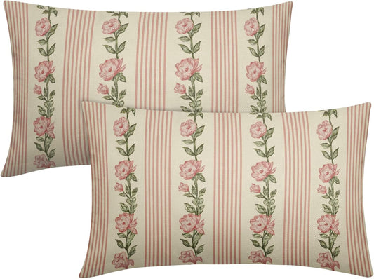 Pink Green Floral Pillow Covers 12x20 Set of 2 Spring Vintage Flower Striped Pattern Print Seasonal Decorative Lumbar Throw Pillow Cases Outdoor Neutral Rustic Farmhouse Decoration for Sofa Couch Bed