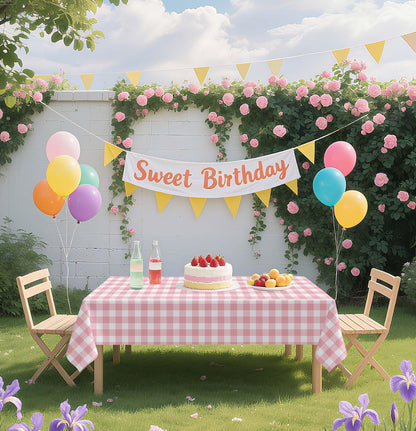 HEIPINIUYE 2 Pack Pink Gingham Tablecloth Disposable 54 x 108 Inch Pink and White Plaid Plastic Table Cloth Disposable Rectangle Table Cover for Party Birthday Picnic Checkered Tablecloths