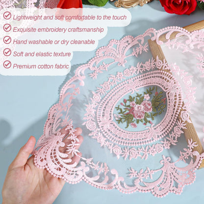 3 Pcs Pink Retro Lace Placemats, 12x16 in Lace Doilies for Tables French Crochet Oval Embroidered Table Place Mats for Wedding Party Home Vase Cup Mat Table Decor(3 Sizes)