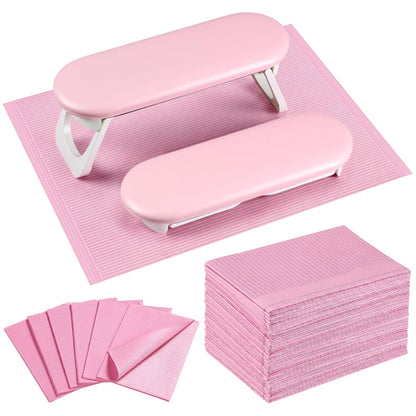 Novabright Nail Arm Rest with 50 Disposable Manicure Mats, Foldable PU Leather Hand Cushion and 3-Ply Absorbent Table Pads with PE Backing, Nail Tech Supplies for Salon Desk(Pink)