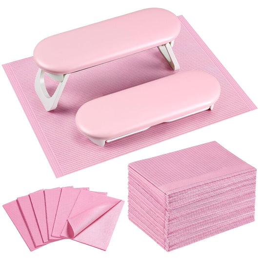 Novabright Nail Arm Rest with 50 Disposable Manicure Mats, Foldable PU Leather Hand Cushion and 3-Ply Absorbent Table Pads with PE Backing, Nail Tech Supplies for Salon Desk(Pink)