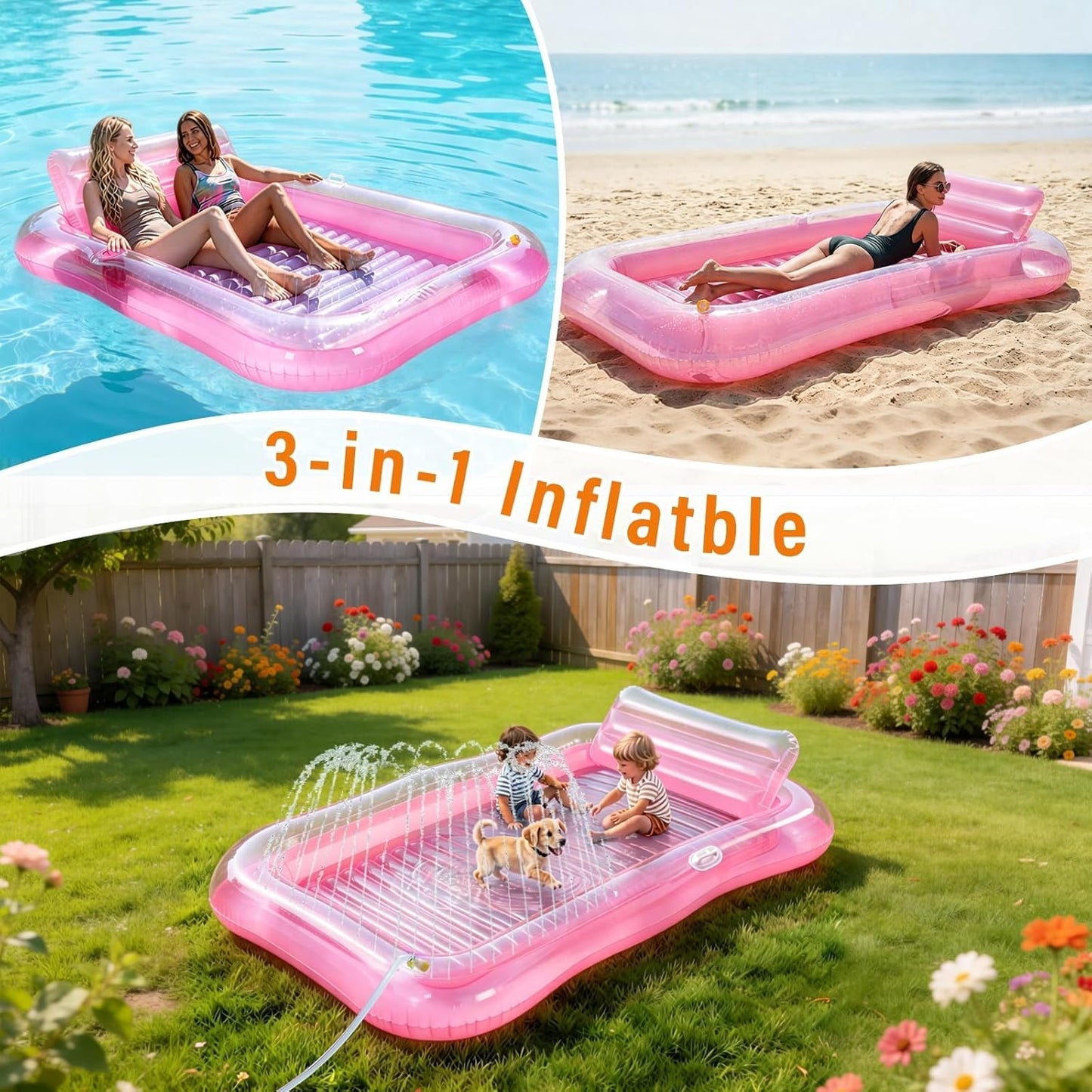 Inflatable Tanning Pool Lounger Float with Sprinkler, Pool Float Adult with Pillow & Cup Holder, Sunbathing Blow Up Tanning Bed, Suntan Tub Raft Floatie for Backyard Summer Water Party Extra-Large