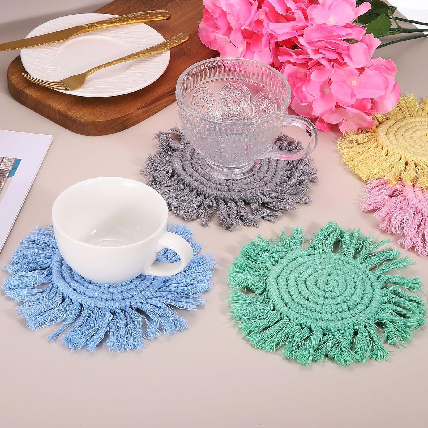 uxcell 2Pcs Boho Coasters, Round Handmade Woven Absorbent Coasters with Tassel Farmhouse Cup Mat Table Protection for Coffee Drink Mug Home Office Decor Housewarming Gift, Pink