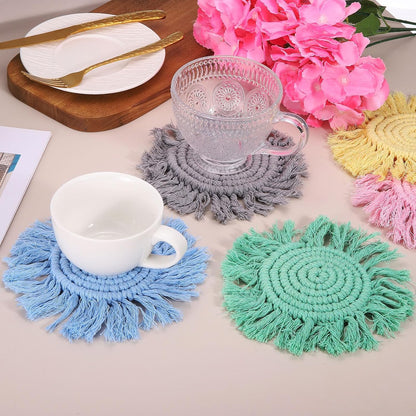 uxcell 2Pcs Boho Coasters, Round Handmade Woven Absorbent Coasters with Tassel Farmhouse Cup Mat Table Protection for Coffee Drink Mug Home Office Decor Housewarming Gift, Lotus Root Pink