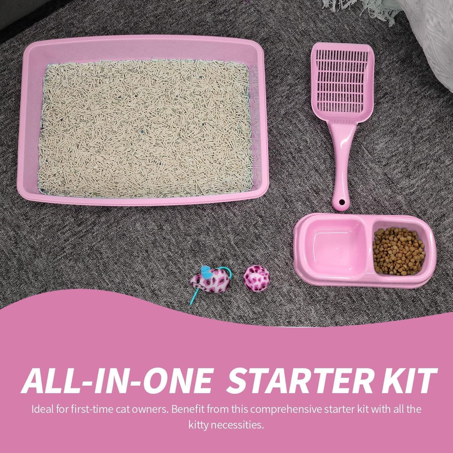 PAWISE Small Cat Litter Box,14.3 x 10.6 x 2.5 Kitten Litter Box Starter Kit,Low Entry Baby Kitten Training Litter Box with Scoop, Bowls,Cat Mouse Toy and Ball Toy,First Catty Owner Essentials(Pink)