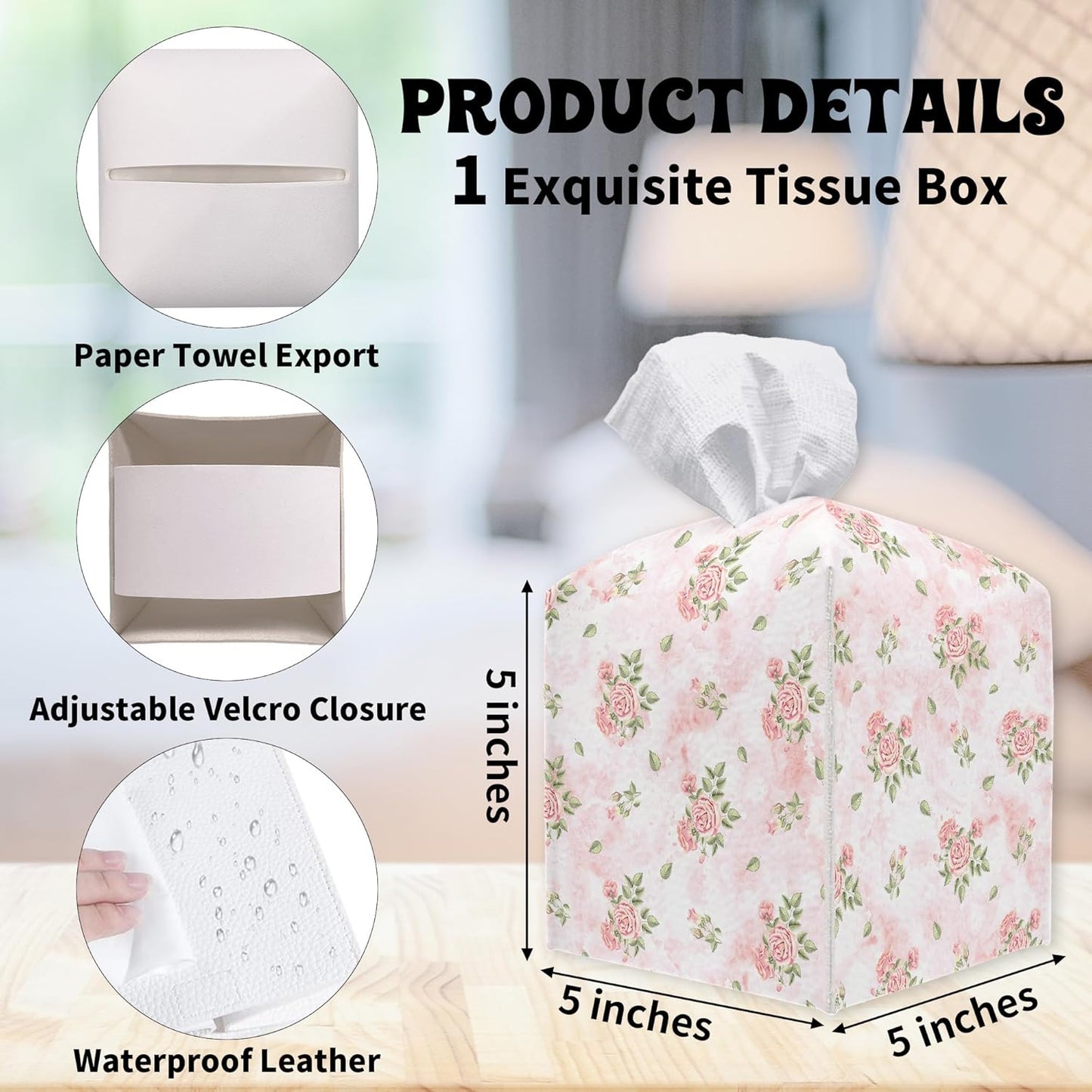 Pink Roses Tissue Box Cover Square - Decorative Waterproof Leather Tissue Box Holder for Home, Office, Bathroom - Paper Organizer Dispenser for Tabletop Countertop Night Stands Desk - A10