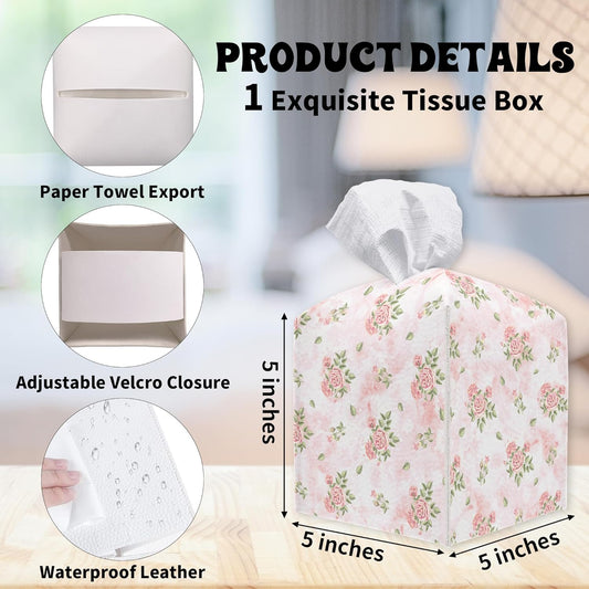 Pink Roses Tissue Box Cover Square - Decorative Waterproof Leather Tissue Box Holder for Home, Office, Bathroom - Paper Organizer Dispenser for Tabletop Countertop Night Stands Desk - A10