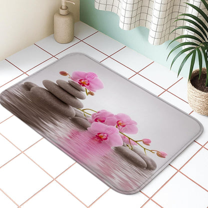 Zen Orchid Quick Dry Bath Mat, Elegant Peach Floral Stones Absorbent Non Slip Shower Mat, Modern Flannel Washable Bath Rugs for Bathroom Toilet Restroom Decorative 20x32 Inch