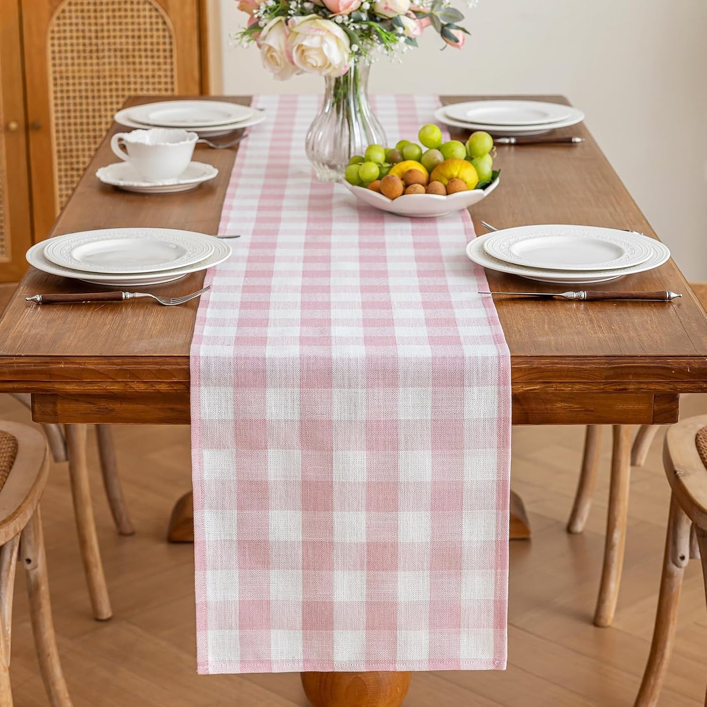 Alsoo Spring Pink Gingham Table Runner 13 x 72 inches Long, Cotton Linen Farmhouse Checkered Kitchen Dining Table Decor for Home Party, Wrinkle Free