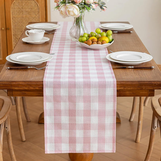 Alsoo Spring Pink Gingham Table Runner 13 x 72 inches Long, Cotton Linen Farmhouse Checkered Kitchen Dining Table Decor for Home Party, Wrinkle Free