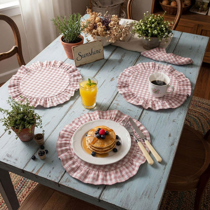 4 Pcs 15 Inch 100% Cotton Scalloped Round Placemats, Thin Light Pink Gingham Place Mats with Ruffle, Washable Placemats Table Mats for Kitchen Dining Holiday Gatherings Decor