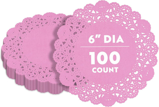 Pastry Tek 6 x 6 Inch Lace Doilies, 100 Decorative Tableware Placemats - Disposable, Round, Pink Paper Table Doilies, For Birthdays, Or Weddings, Table Decor - Restaurantware