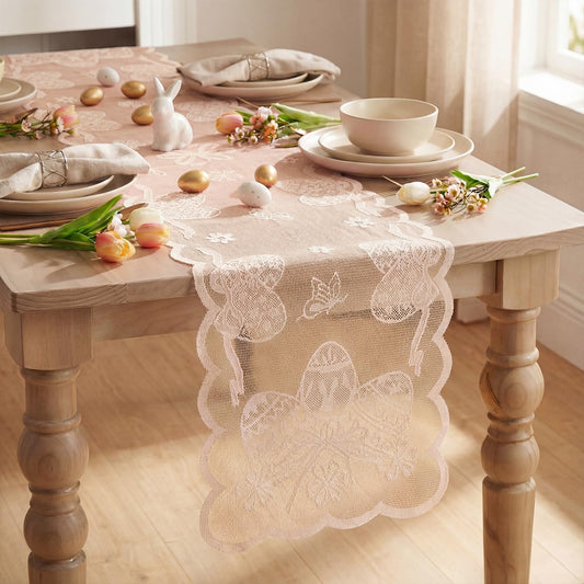 Artoid Mode Pink Lace Jacquard Egg Bowknot Easter Table Runner, Seasonal Kitchen Dining Table Decoration for Home Party Decor 13x72 Inch