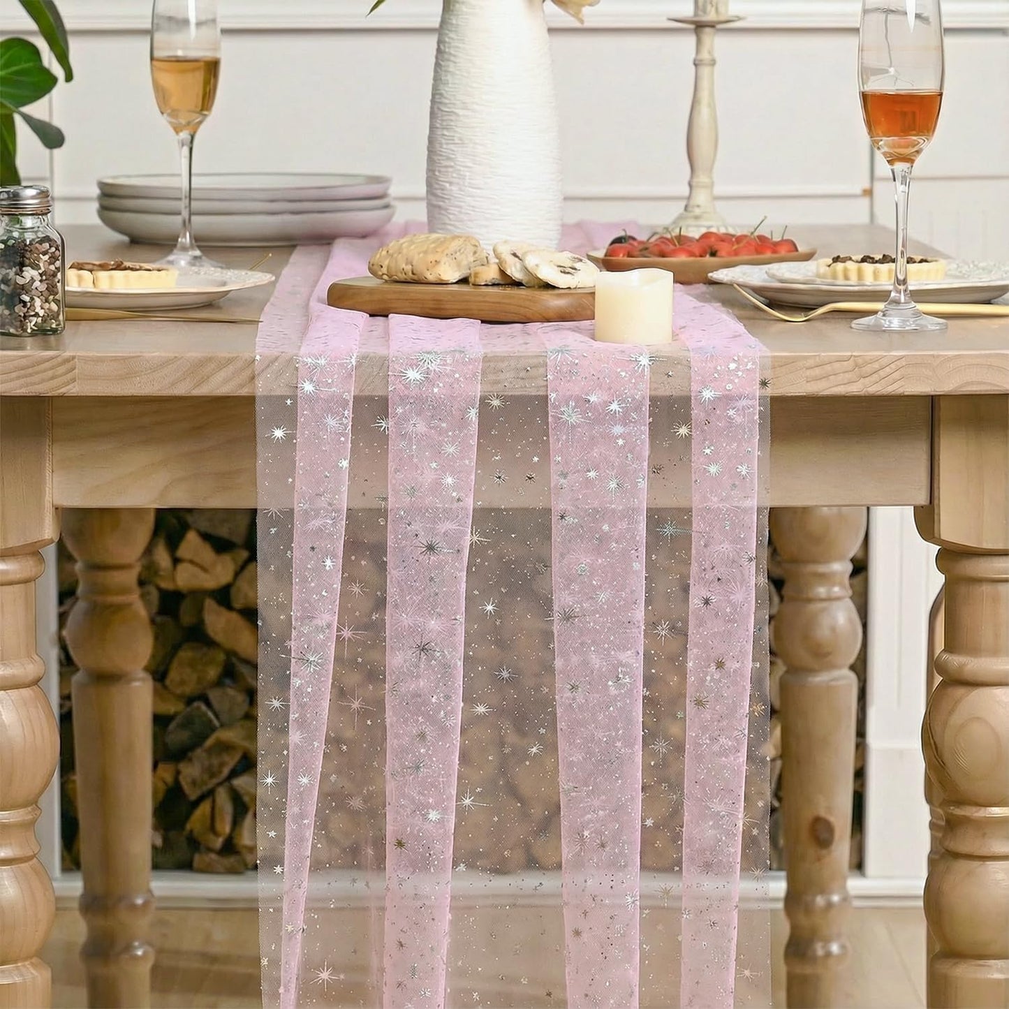 Artoid Mode Silver Stars Pink Gauze Table Runner 120 Inch 10FT, Reversible Glitter Sheer Dining Wedding Holiday Birthday Table Decor for Home Party