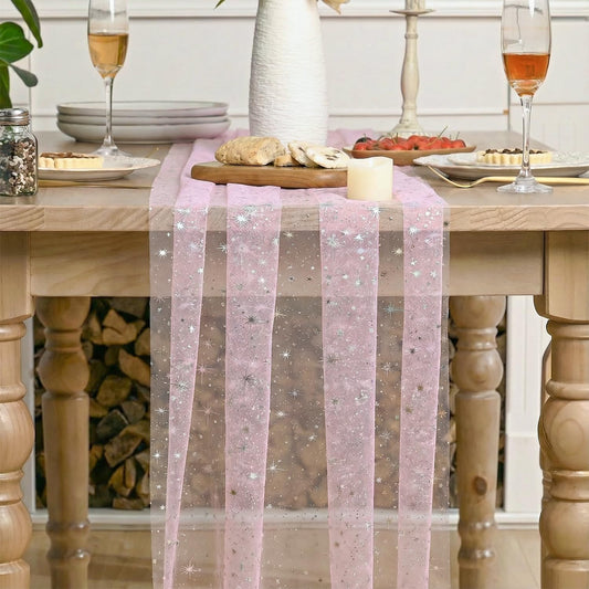 Artoid Mode Silver Stars Pink Gauze Table Runner 120 Inch 10FT, Reversible Glitter Sheer Dining Wedding Holiday Birthday Table Decor for Home Party