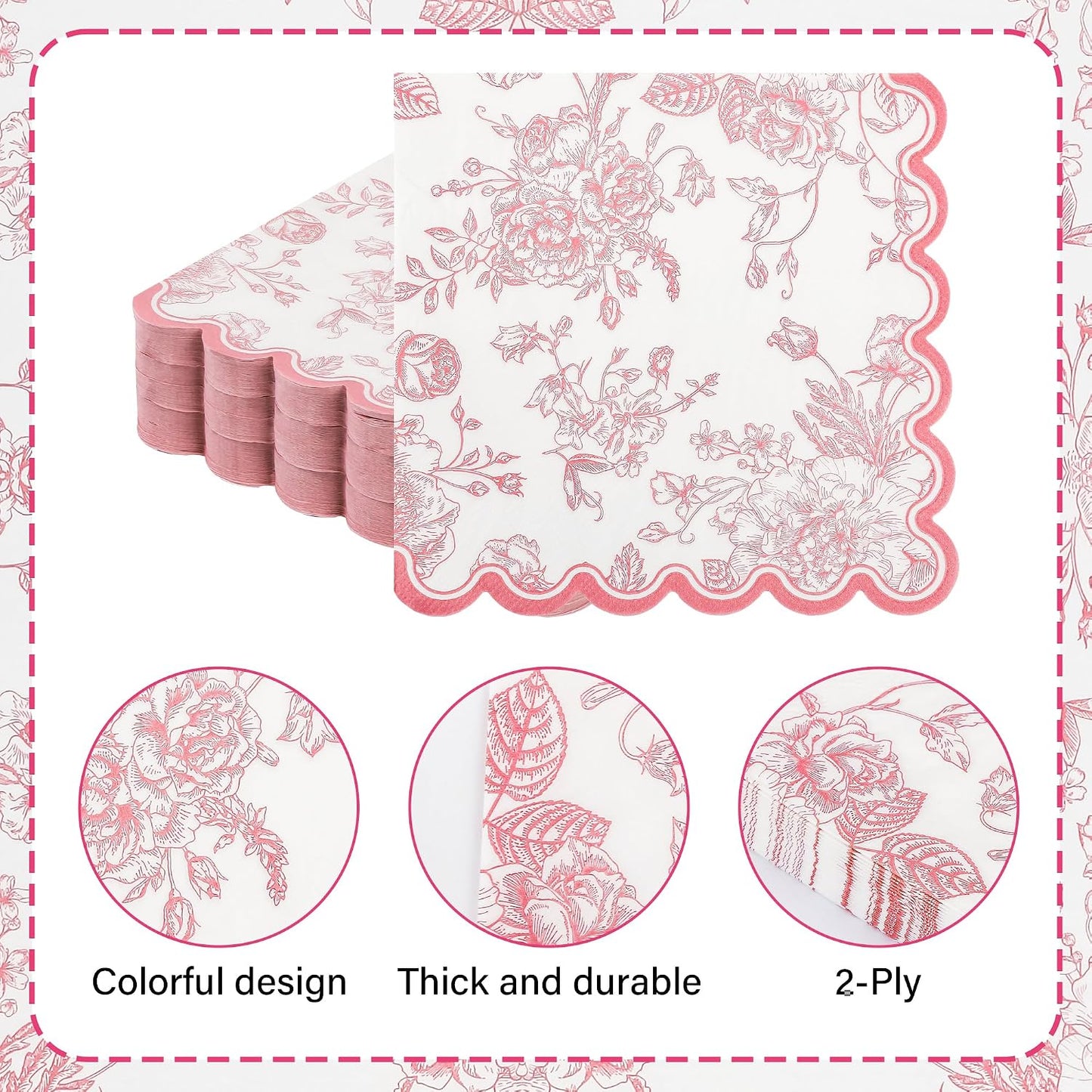 100 Pink Floral Paper Napkins Pink & White Flowers Disposable Party Napkin 6.5" Scalloped Edge Toile Bouquet Hand Towels for Birthday Bridal Baby Shower Tableware