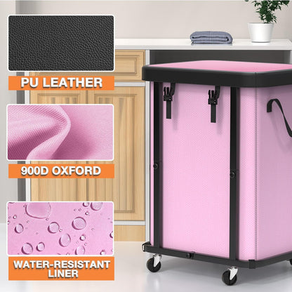 150L (40 Gal) Large Fashion Laundry Basket with Wheels, Leather Patchwork Rolling Hamper Carts, Sturdy Metal Frame, Removable Washable Bag, Tall Clothes Sorter for Bedroom (Pink, 1 Section-150L)
