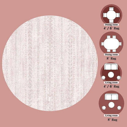 6FT Round Area Rug for Living Room, Washable Boho Moroccan Geometric Rug, Soft Low Pile Non Slip Large Indoor Carpet for Bedroom Dining Room Home Office, Neutral Farmhouse Rug,Pink