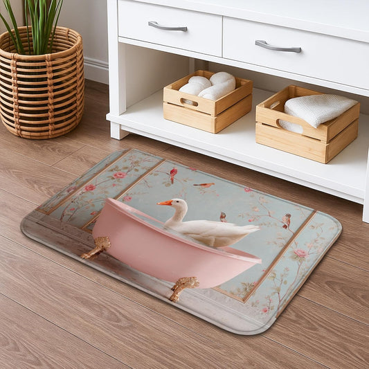 Vintage Floral Quick Dry Bath Mat, Peach Bathtub Duck Pattern Absorbent Non Slip Shower Mat, Spring Decorative Washable Bath Rugs for Bathroom Toilet Restroom 20x32 Inch