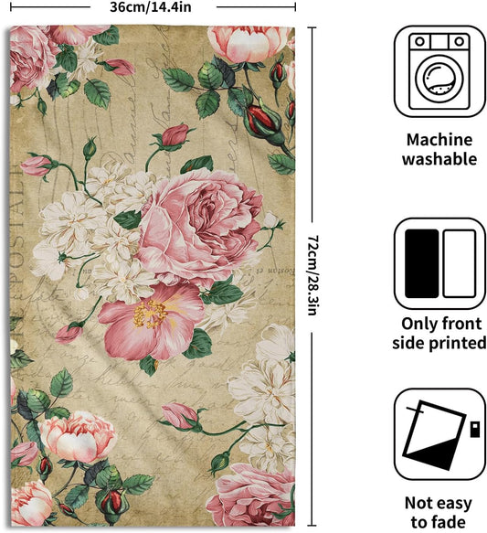 Giwawa Vintage Rose Floral Hand Towels, 15x30 in Set of 2, Retro Pink Flower Leaves Stamp Hair Face Towel Soft Highly Absorbent Shabby Chic Beige Fingertip Towel for Bathroom Girl Woman Guest Gifts