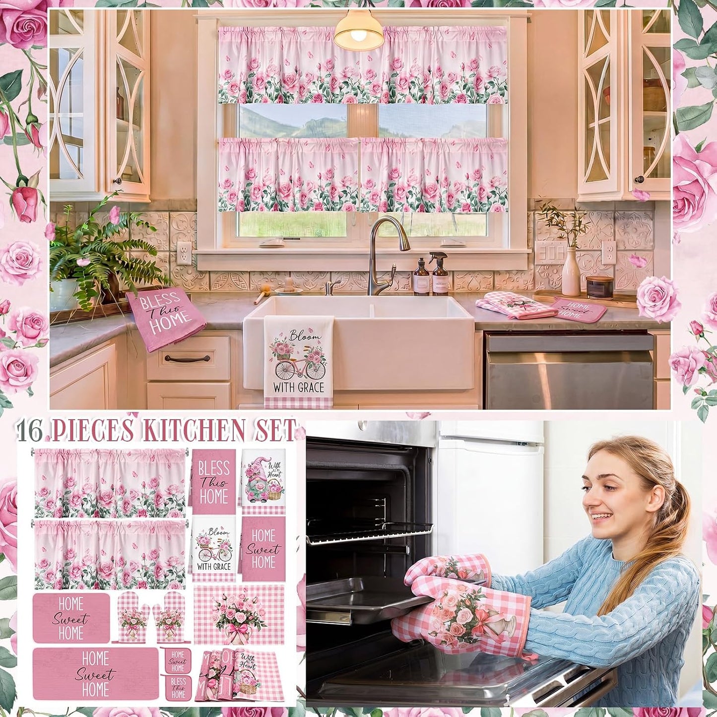 Fourluoo 16 Pcs Pink Rose Kitchen Decor Set Kitchen Towels Placemats Non Slip Rugs and Mats for Floor Oven Mitts Gloves Pot Holders Floral Curtains for Home Decoration Gift