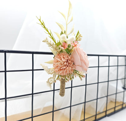 Pink Artificial Wrist Corsage and Boutonniere Set, Set of 2, Wristband Bride Hand Flower Men Boutonniere for Groom Wedding Party Prom Homecoming