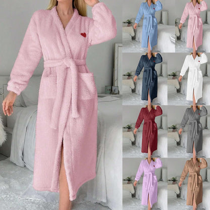 HGps8w Cute Heart Fleece Robe for Women Comfy Fuzzy Soft Bathrobe Nightgowns Plush Warm Winter Sleepwear with Pockets