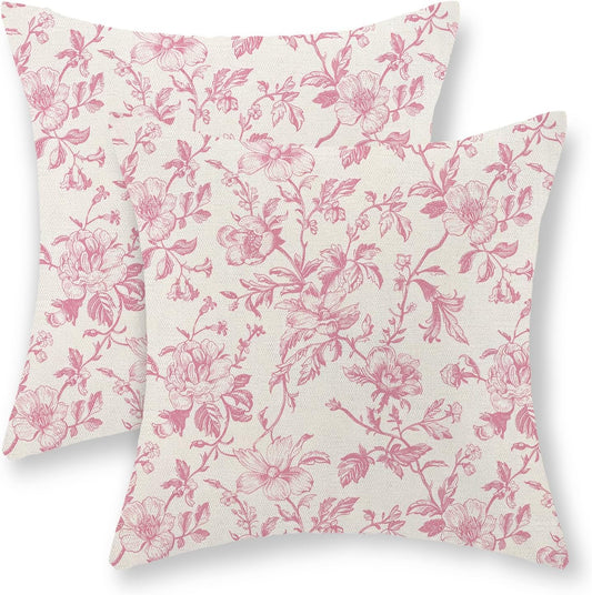Pink Vintage Floral Pillow Covers 18x18 Inch 2 Pcs Preppy Pink Cream Rustic Toile Chinoiserie Flower Decor Throw Pillows Outdoor Decoration Pillowcase Linen Cushion Cover for Couch Sofa Bed