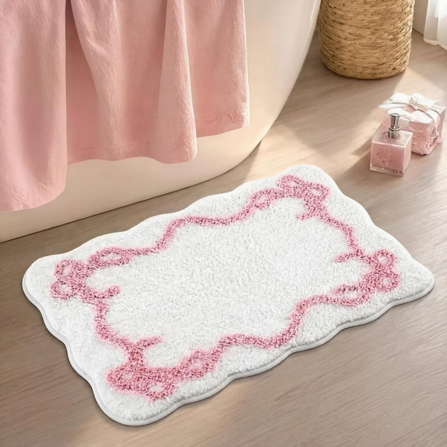 Tinideya Bow Bathmat Rug with Scalloped Wavy Ripple Design, Microfiber Absorbent Non Slip Tufted Rug Aesthetic Coquette Room Decor for Floor Shower Kitchen 15.8 x 23.6 Inch(Pink)