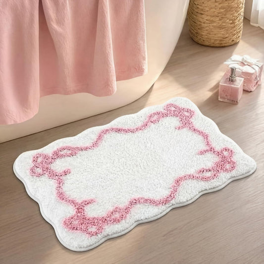 Tinideya Bow Bathmat Rug with Scalloped Wavy Ripple Design, Microfiber Absorbent Non Slip Tufted Rug Aesthetic Coquette Room Decor for Floor Shower Kitchen 15.8 x 23.6 Inch(Pink)