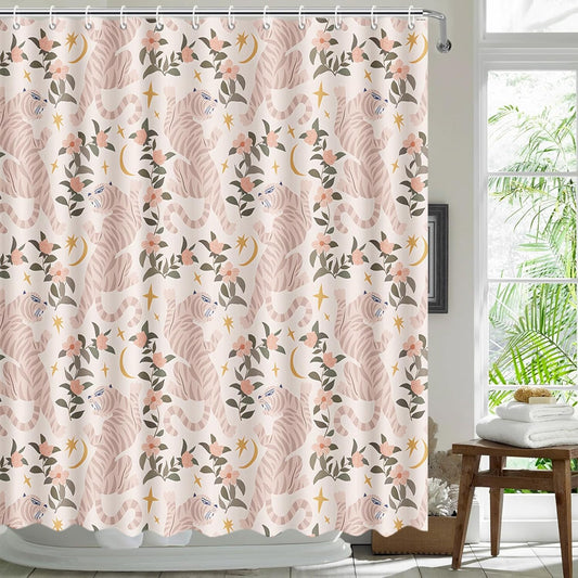 MEHOFOND Retro Tiger Shower Curtain Pink Floral Plant Shower Curtain for Bathroom Vintage Tiger Flower Shower Curtain Modern Art Bathtub Decor Fabric Waterproof Bath Curtain with 12 Hooks 72x72 Inch